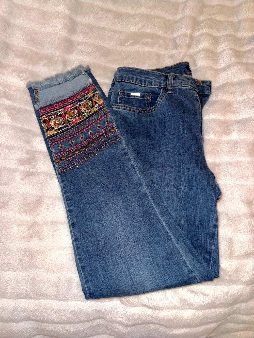 FDJ Jeans | Embroidered Embellished Blue Women's Denim Jeans with Fringe Hem